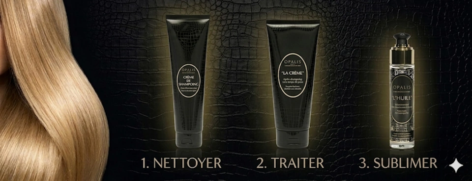 Une routine de soin capillaire Opalis en trois étapes présentée sur un fond noir texturé façon croco. De gauche à droite : une mèche de cheveux blonds brillants, puis trois produits alignés. Le numéro 1, un tube noir de "Crème de Shampooing", avec le texte "NETTOYER". Le numéro 2, un tube noir plus grand de "La Crème", avec le texte "TRAITER". Le numéro 3, un flacon pompe transparent de "L'Huile" aux détails dorés, avec le texte "SUBLIMER".